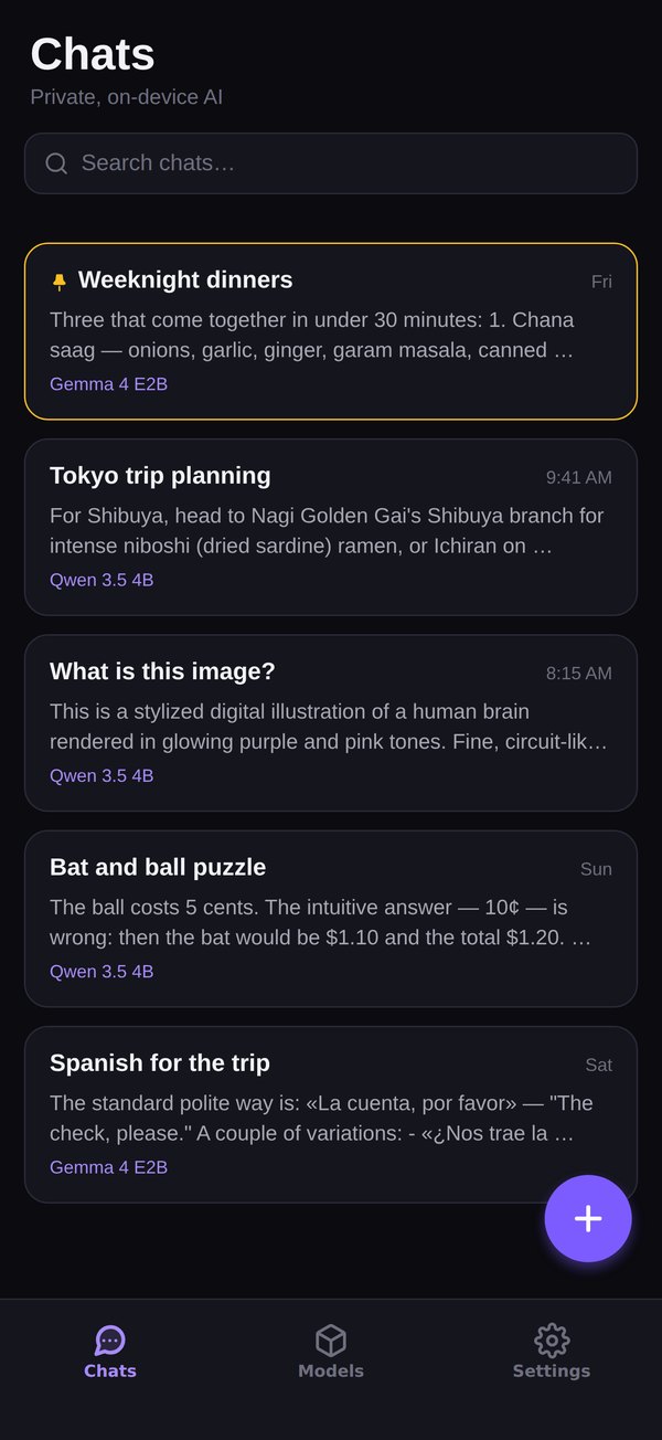 The Chats tab, subtitled Private, on-device AI: a search field, a pinned Weeknight dinners chat and four more, each labelled with the model that answered