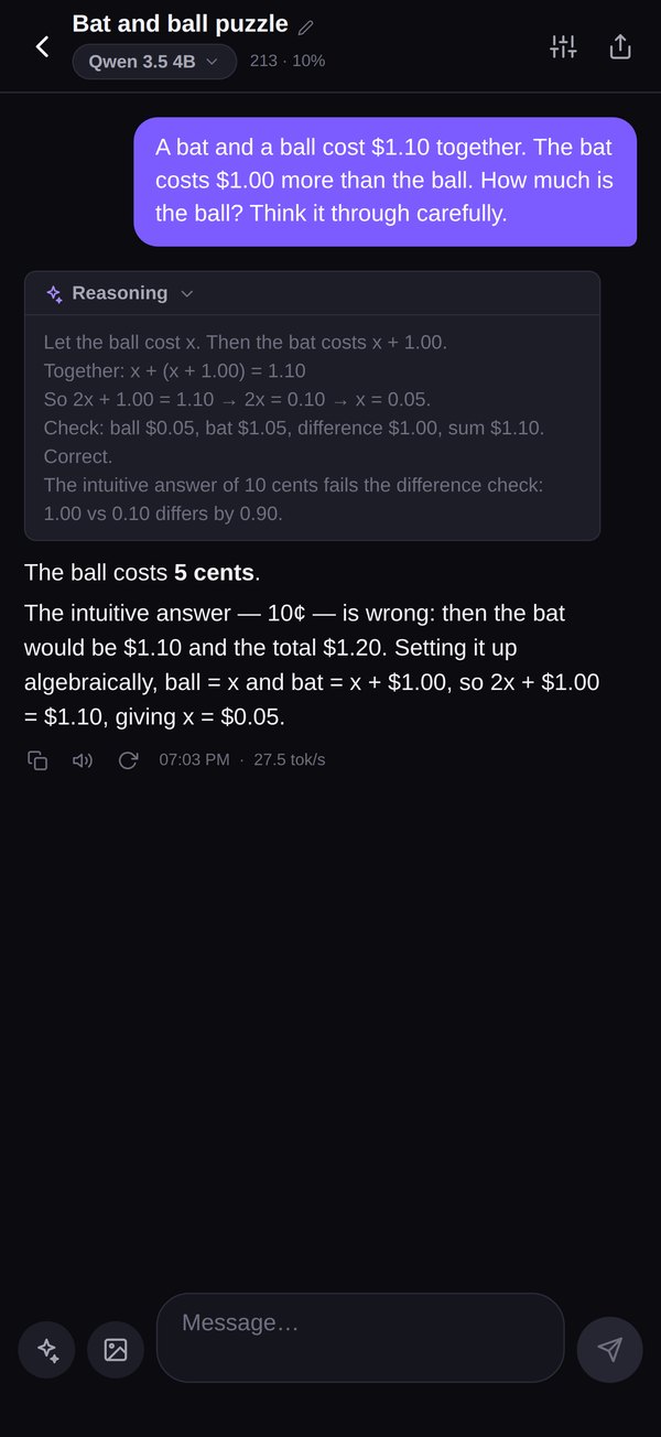 The bat-and-ball puzzle in chat: a collapsible Reasoning panel works through the algebra, then the answer: the ball costs 5 cents